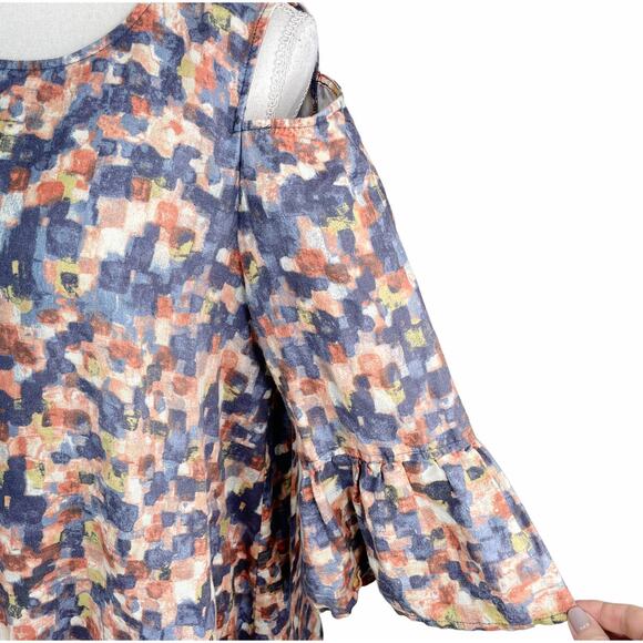 John Mark Linen Cold Shoulder Bell Sleeve Tunic Top Watercolor Print M - Picture 2 of 9